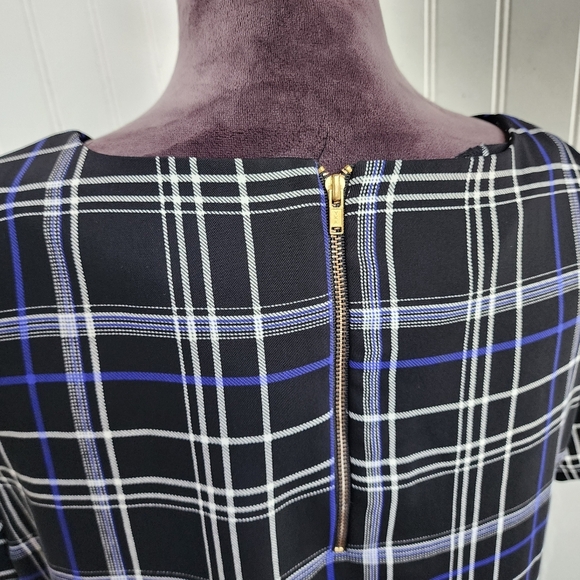 Cynthia Rowley Women Short Sleeve Dress Black Blue Plaid Shift Relaxed Zip Sz 10 - Picture 7 of 13
